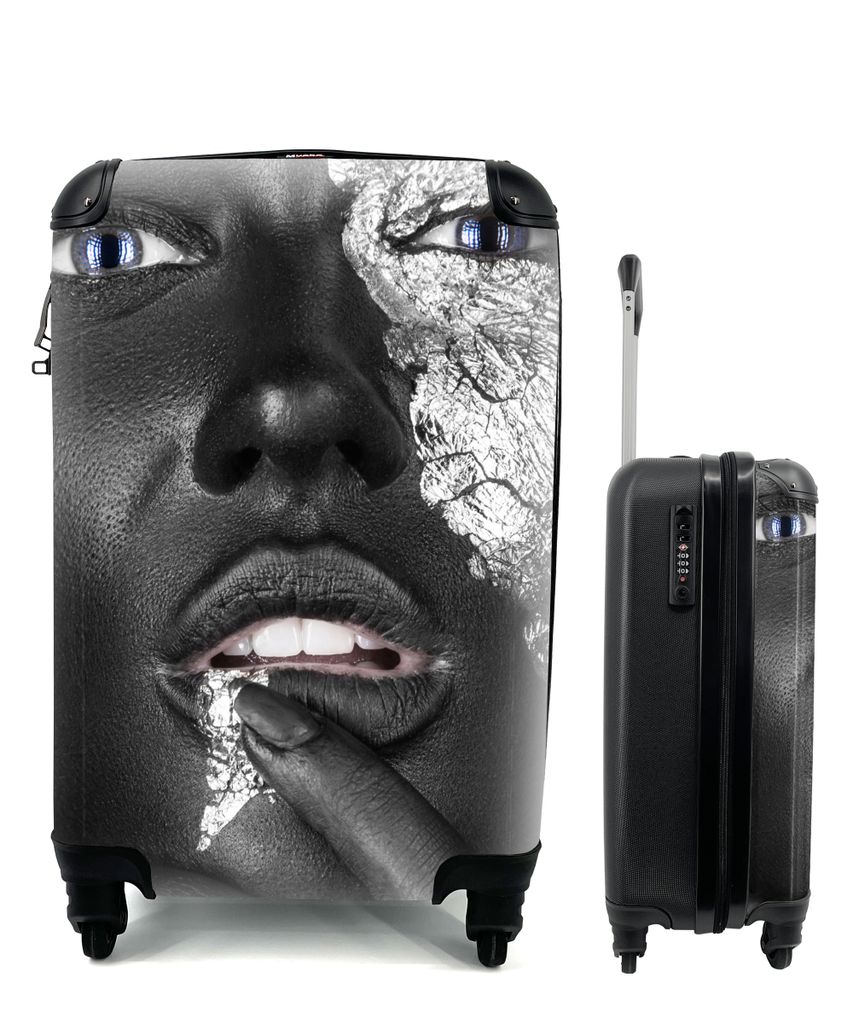 MuchoWow Koffer Handgepäck Trolley Rollkoffer Kleine Reisekoffer mit 4 Rollen - Silber - Weiblich - Schwarz - Cabin Size < 55x40x23 cm & 55x40x2...