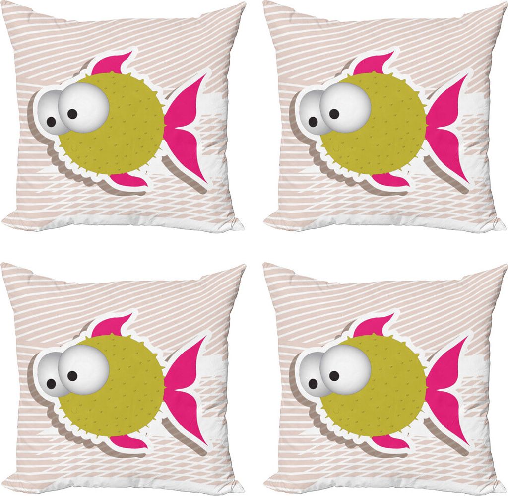 ABAKUHAUS Fisch Kissenbezug Set (4 Stück), Comical Blowfish enorme Augen, Moderner Doppelseitiger Digitaldruck, 40 cm x 40 cm, Mehrfarbig