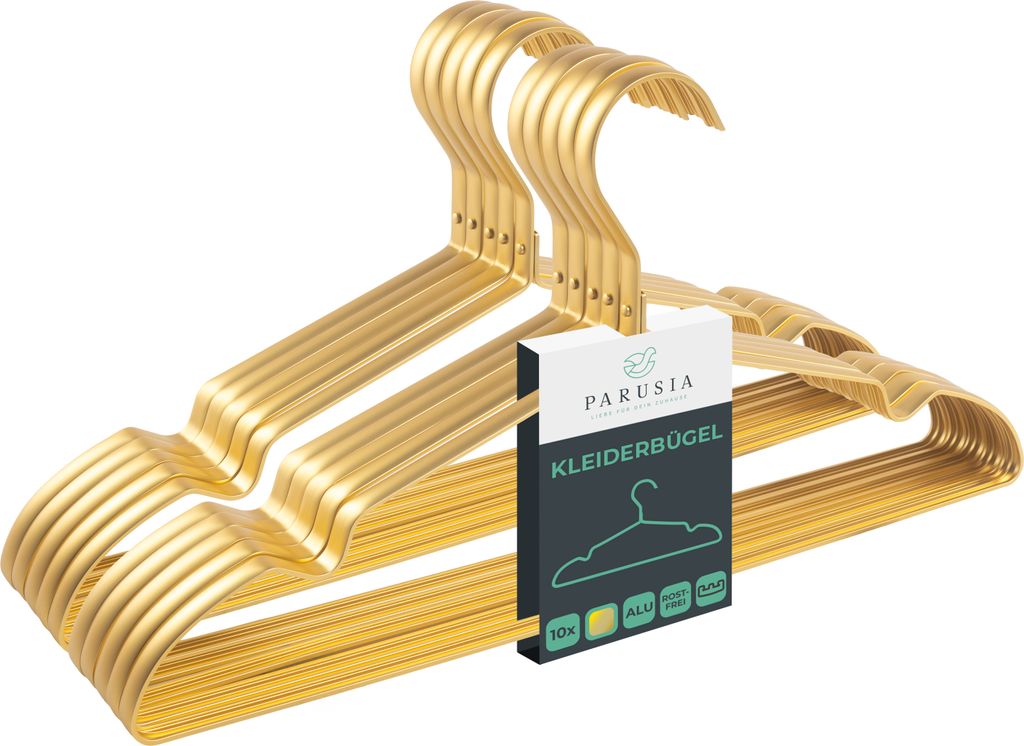 10x Parusia Kleiderbügel gold, 42cm breit, 1cm stark, Kleiderbügel Metall rostfrei, formstabil, zur platzsparenden Kleideraufbewahrung & Organisa...