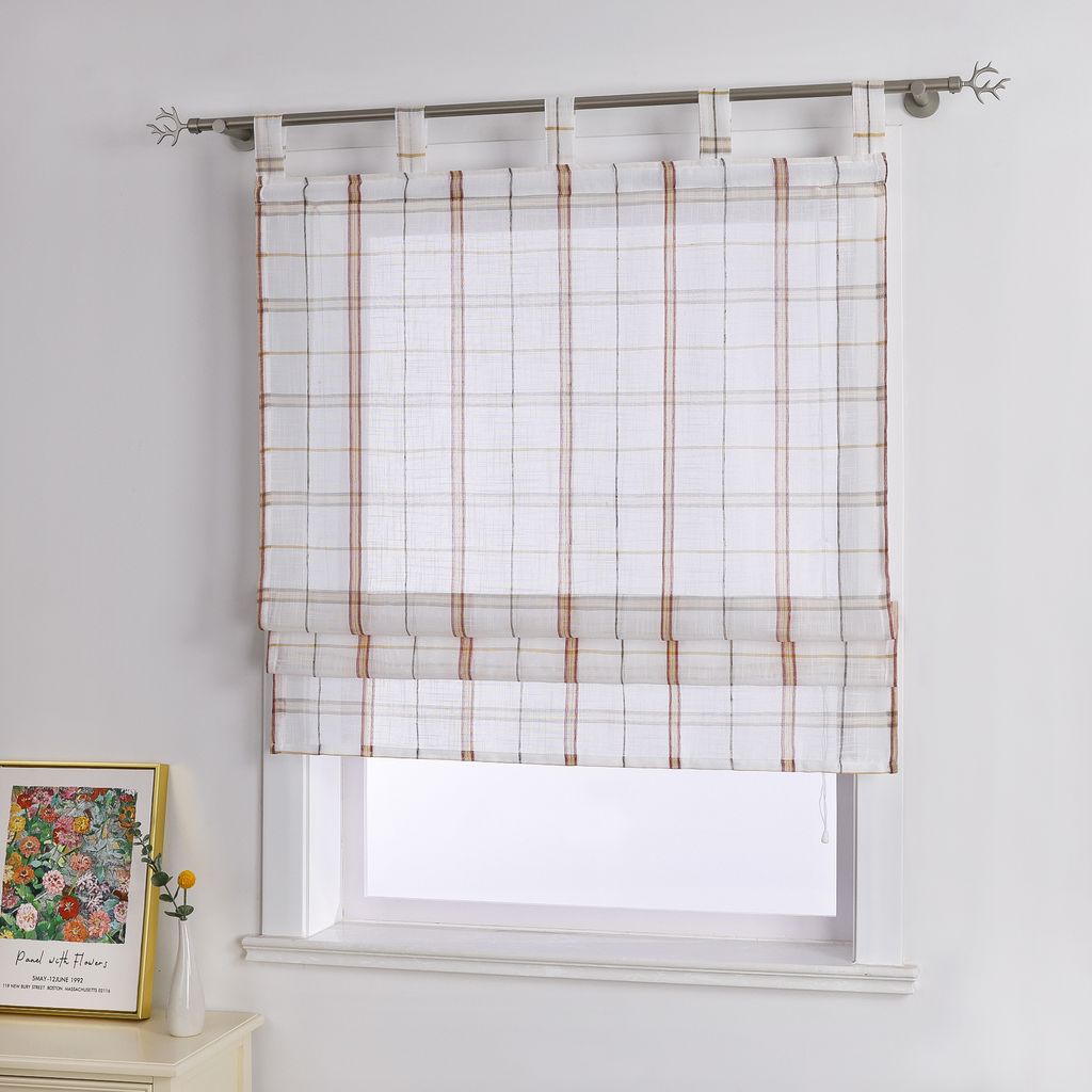Joyswahl Raffrollo Leinen Raffgardine Landhaus Küche Gardine Schlaufenrollo Kariert Halbtransparent Rot BxH 80x140 cm