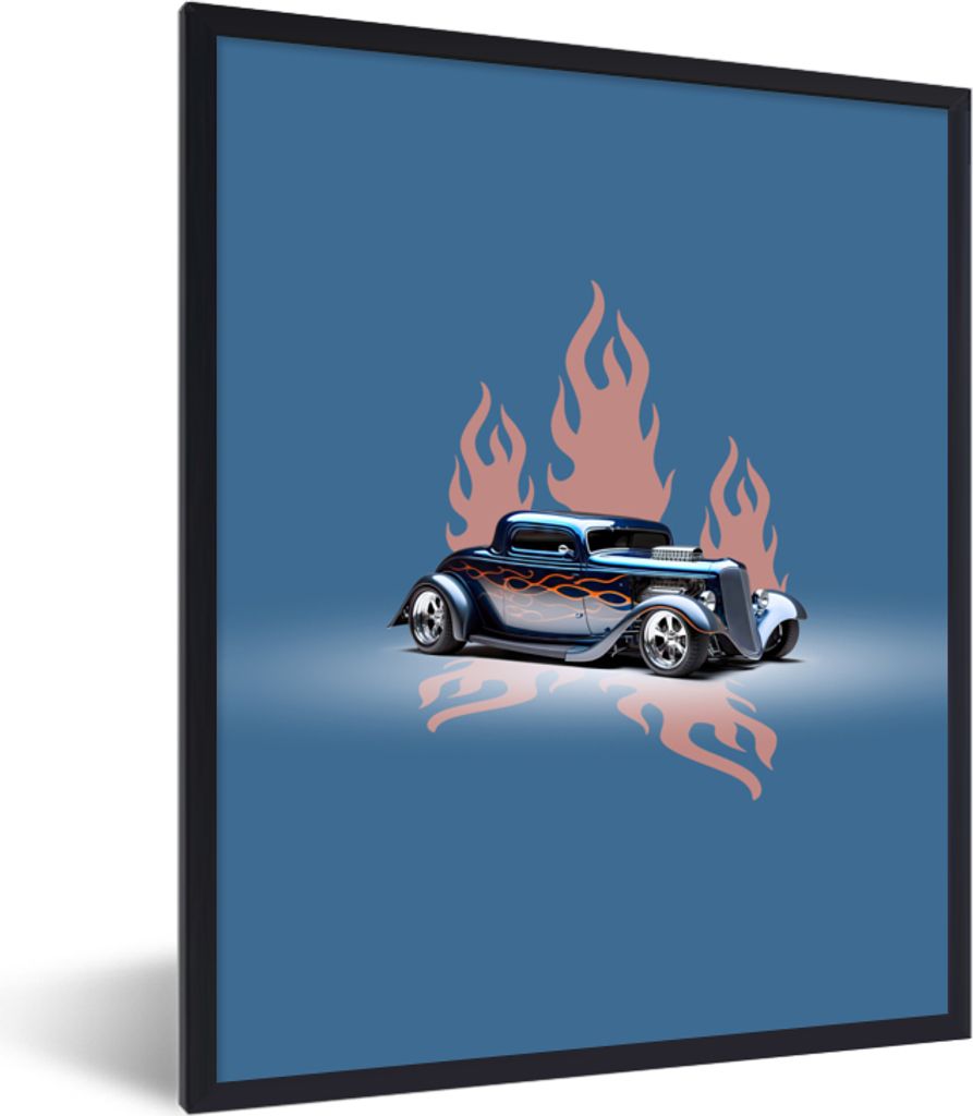 MuchoWow Gerahmtes Poster Auto - Blau - Flammen - Vintage 30x40 cm - Poster mit Schwarzem Bilderrahmen Wandposter Rahmen Foto Bilder - Wanddeko -...