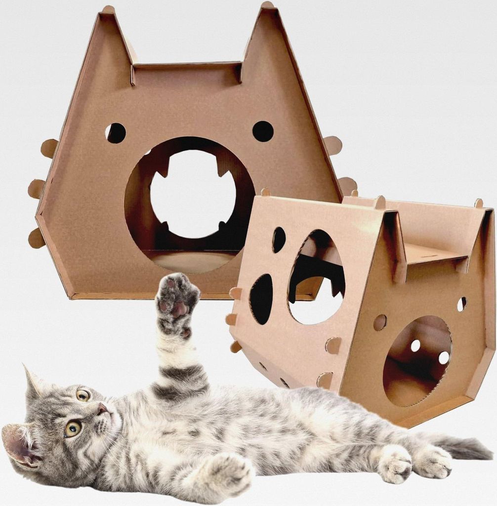Katzenhaus aus Karton Indoor – stabiles & nachhaltiges Papphaus für Katzen, faltbar, mit Spielöffnungen – umweltfreundliches Katzenhaus aus W...