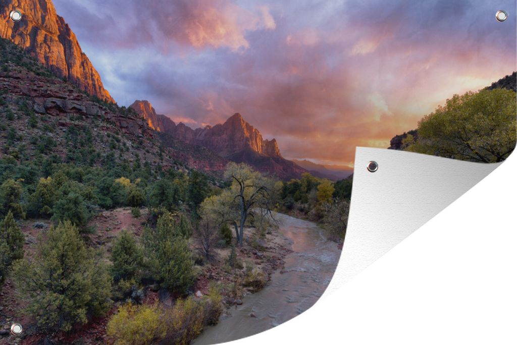MuchoWow 120x80 cm Outdoor-Poster Gartendeko Sichtschutz Garten Poster für den Garten Überwucherte Berge und ruhige Flüsse im Zion-Nationalpa...