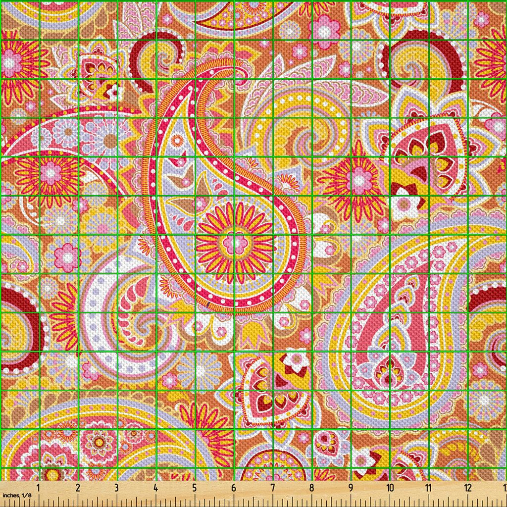 ABAKUHAUS Orange Satin Stoff als Meterware, Asiatisches Design-Elemente traditionelles Paisley-Blumenmuster wirbelt Blatt-ethnisches Motiv, 3 M (14...