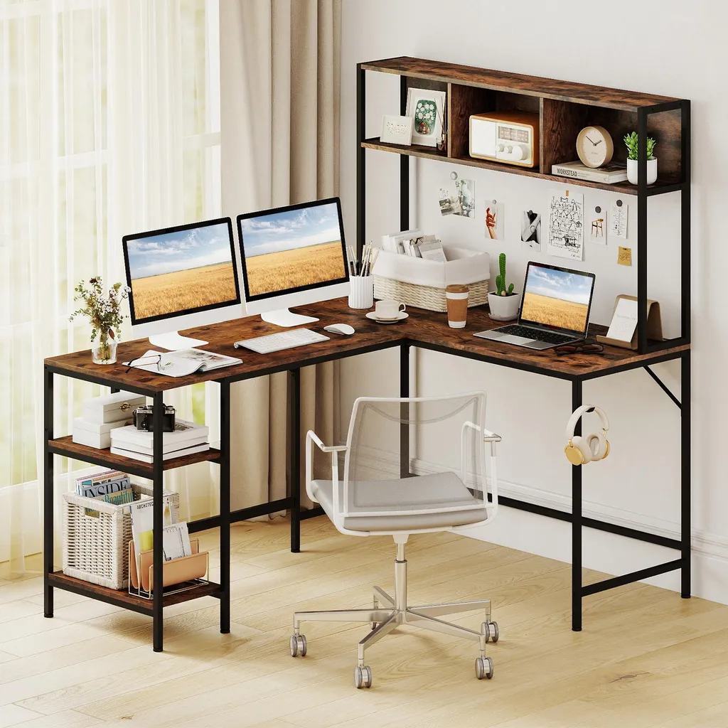 Optimisez votre Petit Espace avec ce Bureau d'Angle avec Rangement Brun - 8