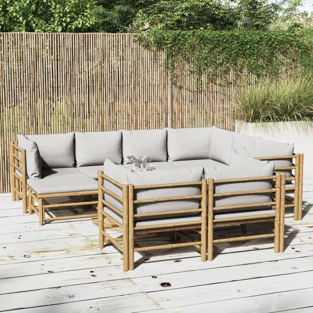 The Living Store 10-tlg. Garten-Lounge-Set mit Hellgrauen Kissen Bambus