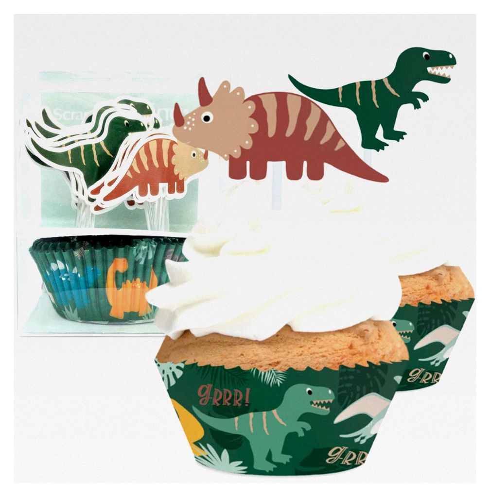 Set mit 24 Muffinförmchen und Toppers für Cupcakes – Dinosaurier-Motiv – Dekoration für Gebäck, Desserts, Kuchen, Kekse, Geburtstagsfeiern ...
