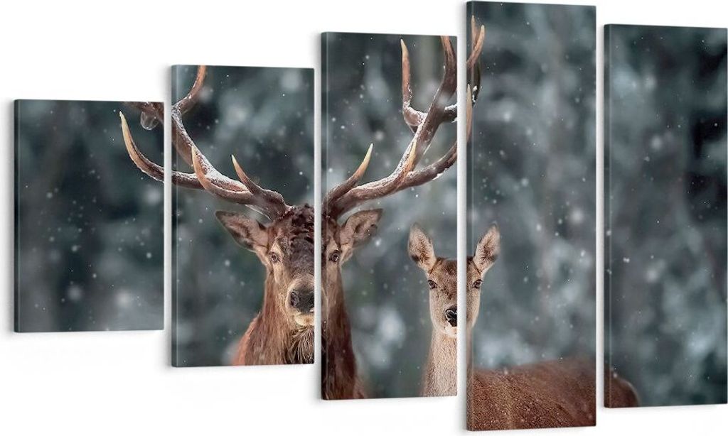 Bild auf Leinwand - Leinwandbild - 5 Teile - Hirsch Rentier Reh - 100x60cm - Wand Bild - Wanddeko - Wandbilder - Leinwanddruck - Bilder - Wanddekor...