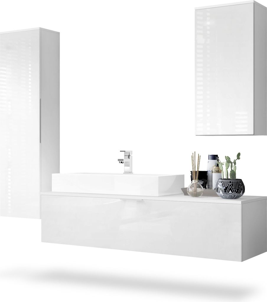 Vladon Badmöbel Komplettset Beach, Germany, Korpus in Weiß matt / Fronten in Weiß Hochglanz, mit Aufsatzwaschbecken und Armatur