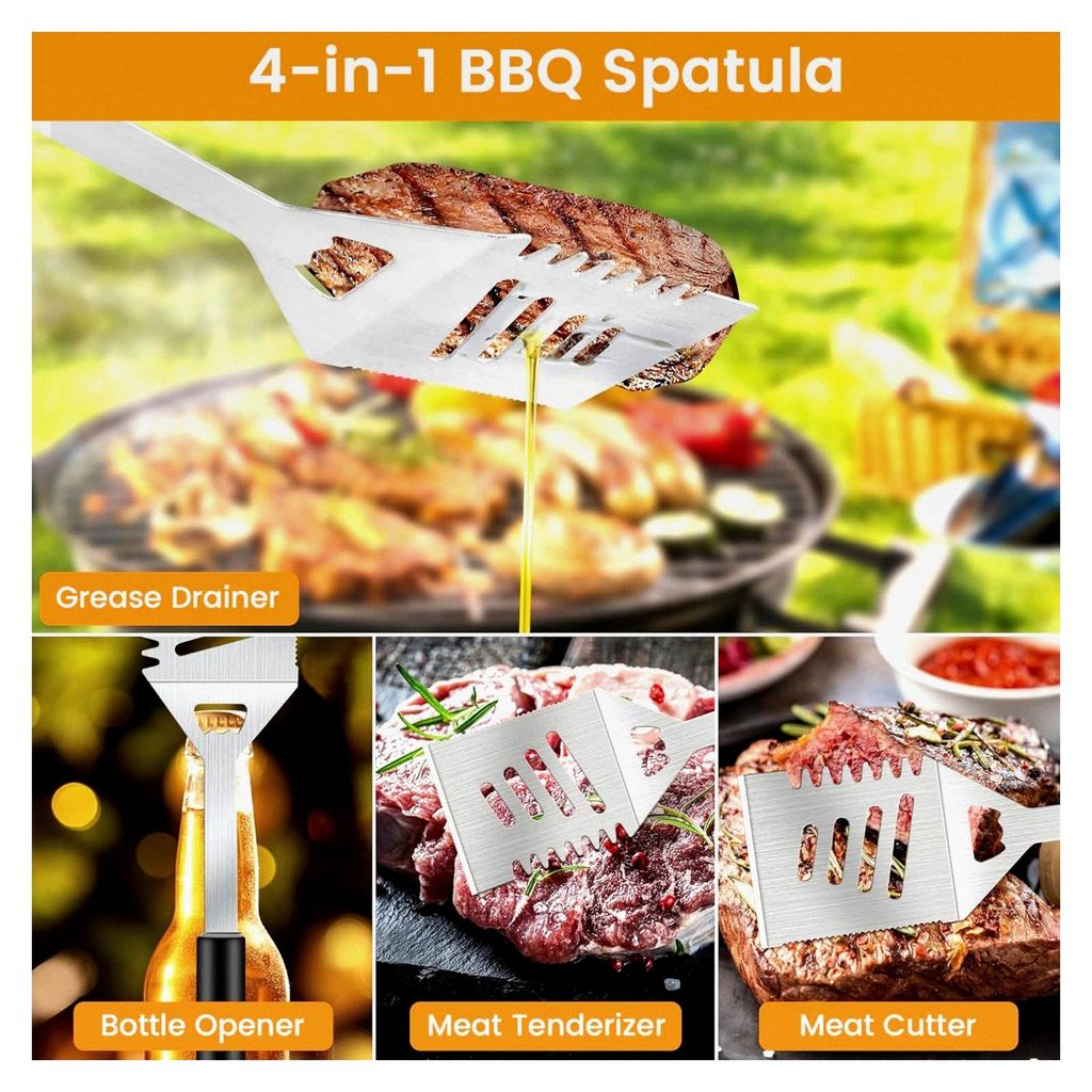 Grillzubehör-Set aus Edelstahl mit 4-in-1-Grillspatel, Grillgabel, Grillzange, Grillspieß und Silikon-Maiskolbenhaltern