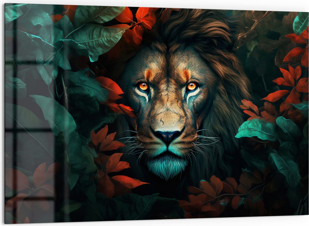 DEQORI Küchenrückwand Glas 60x40 cm 'Herbstliches Löwenporträt' Spritzschutz Bad Rückwand Küche