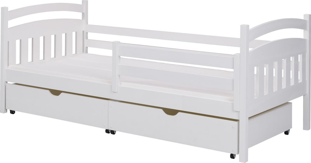 KEF Kinderbett OLAF Bett aus Holz mit Stauraum Jugendbett und Mädchenbett für Kinderzimmer Weiß ohne Matratze 80x180 cm