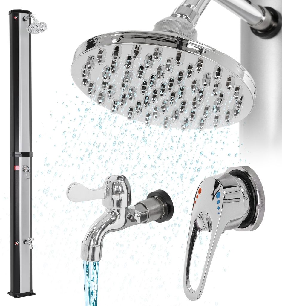 A collection of shower components including a solar shower column, a shower head, and a faucet, with water depicted flowing from the shower head and faucet.