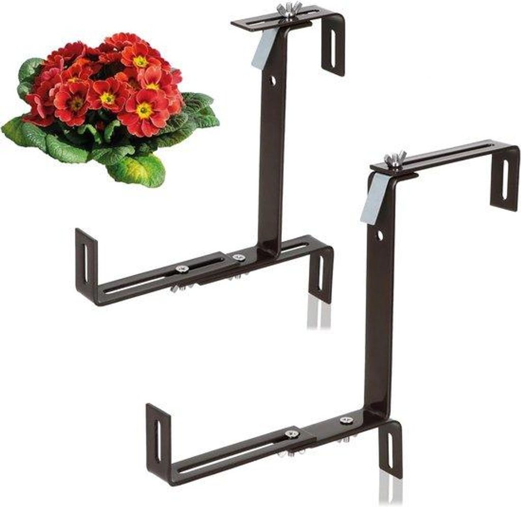 2-fachige Balkonpflanzkästen für Geländer und Geländer - Flexible Stahlhalterung für Pflanzkästen - 2-fach verstellbar (2x braun)