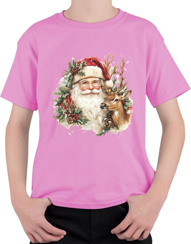 Weihnachtsmann Rentier Weihnachtsgeschenk Nostalgie Vintage Retro Uni Kinder T-Shirt, Pink, 152