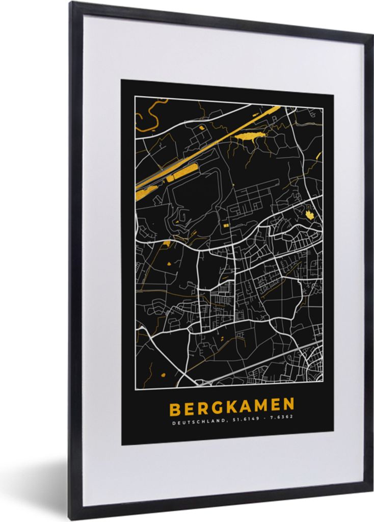 MuchoWow Gerahmtes Poster Stadtplan - Karte - Bergkamen - Gold - Deutschland - Karte 40x60 cm - Poster mit Schwarzem Bilderrahmen Wandposter Rahm...