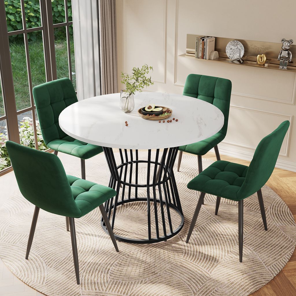 Flieks Essgruppe, Esstisch mit 4 Stühlen, Rundtisch 100x75 cm, Tisch für Esszimmer Wohnzimmer, Polsterstühle mit Sitzfläche aus Samt, grün