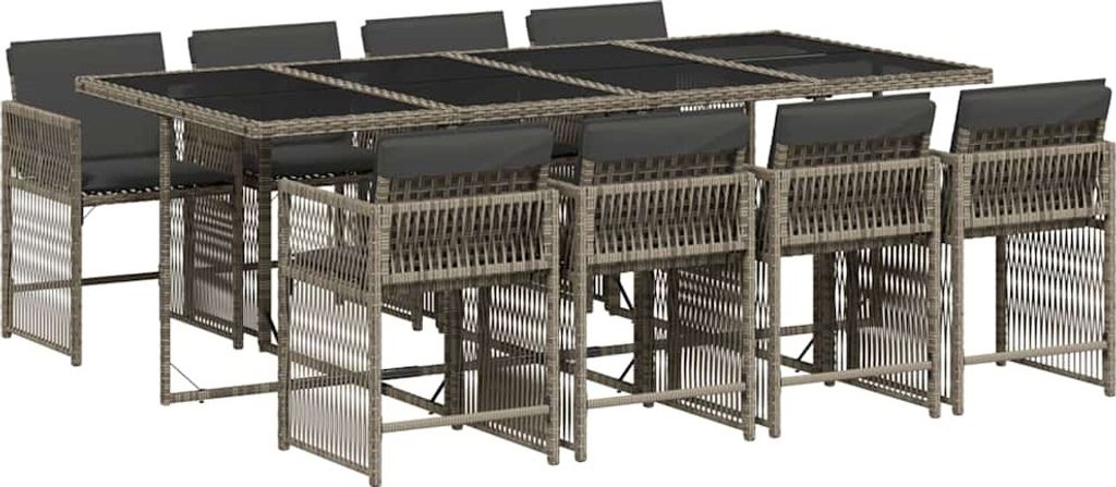 vidaXL 9-tlg. Garten-Essgruppe mit Kissen Grau Poly Rattan