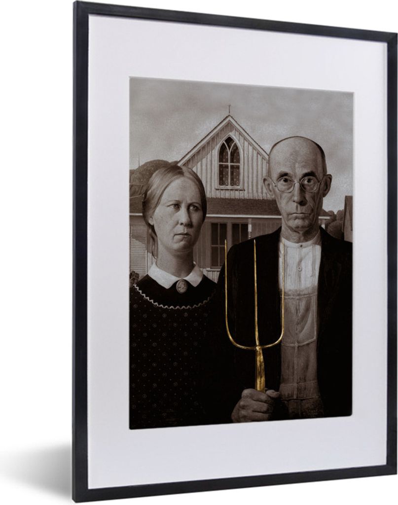 MuchoWow MuchoWow Gerahmtes Poster Amerikanische Gotik - Grant Wood - Gold 30x40 cm - Poster mit zchwarzem Bilderrahmen - Wandposter Schlafzimmer