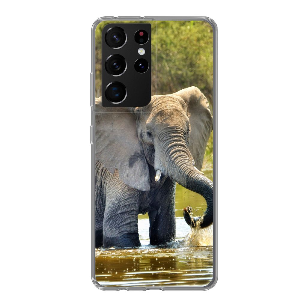 MuchoWow Handyhülle Schutzhülle Hülle für Samsung Galaxy S21 Ultra Elefant - Wasser - Tiere - Natur Silikon Softcase Handy Hülle - Mobiltelefon