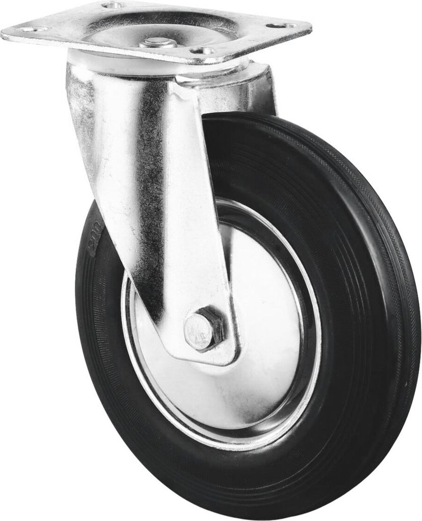 BS Rollen Transportrolle, Lenkrolle, Rad-Ø 200 mm, Tragf. 205 kg, Gummi schwarz, Bauhöhe 235 mm, Rollenlager