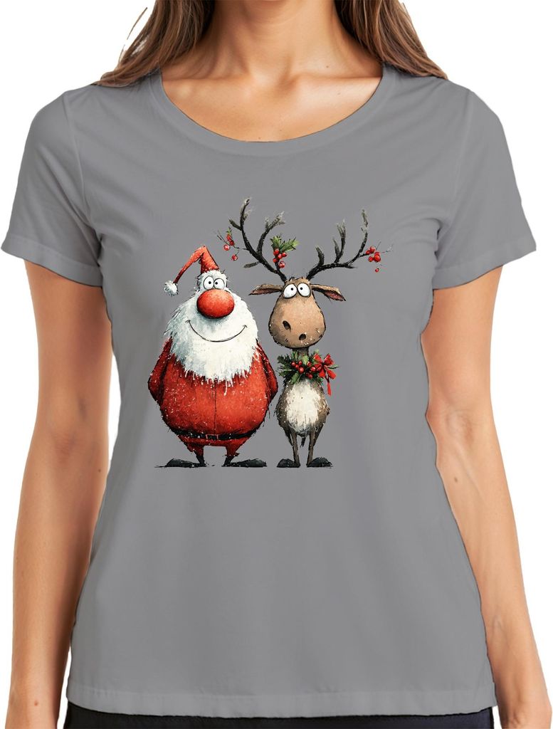 Lustiger Weihnachtsmann und Rentier Cartoon Weihnachten Geschenk Damen T-Shirt, Grau, M