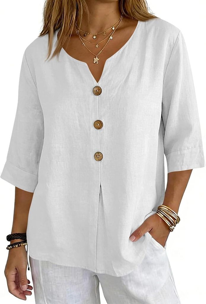 ASKSA Musselin Bluse Damen 3/4 aermel Sommerbluse Oversized Elegant V-Ausschnitt Tshirts Hawaii Hemd Leichte Kurzarm Bluse Top (Weiss,XL)