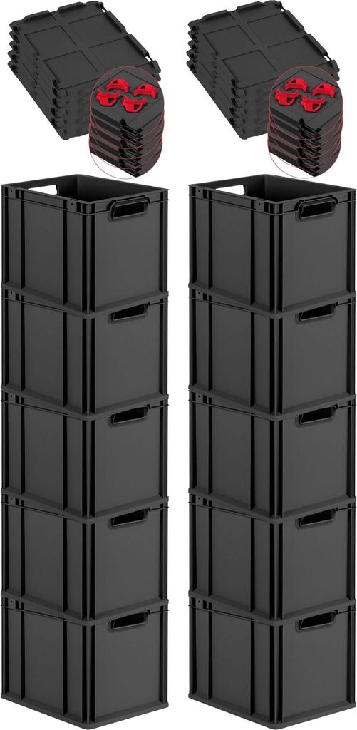SparSet 10x Eurobox NextGen Grip mit Auflagedeckel inkl. 4 roten Schiebeschnappverschlüssen | HxBxT 32x30x40cm | 30 Liter | Schwarz | Griffe offen...