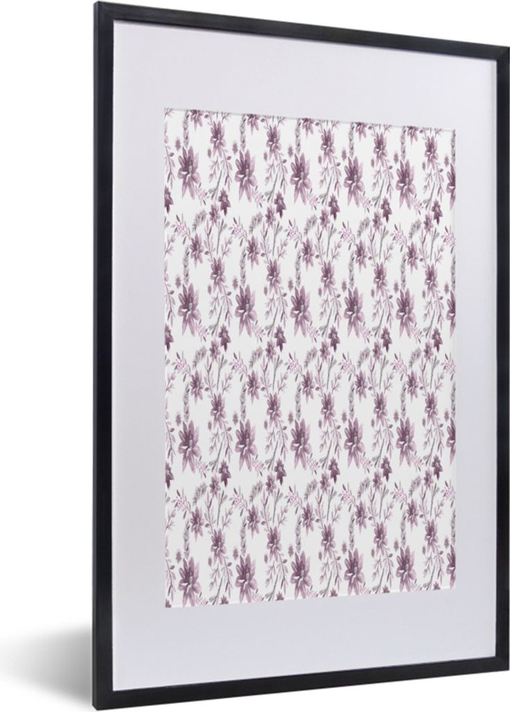 MuchoWow MuchoWow Gerahmtes Poster Blumen - Lila - Muster 40x60 cm - Poster mit zchwarzem Bilderrahmen - Poster in Rahmen