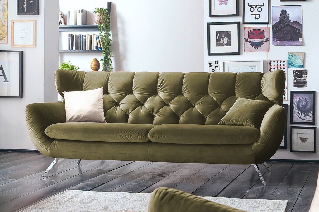 KAWOLA Sofa CHARME 3-Sitzer Velvet oliv