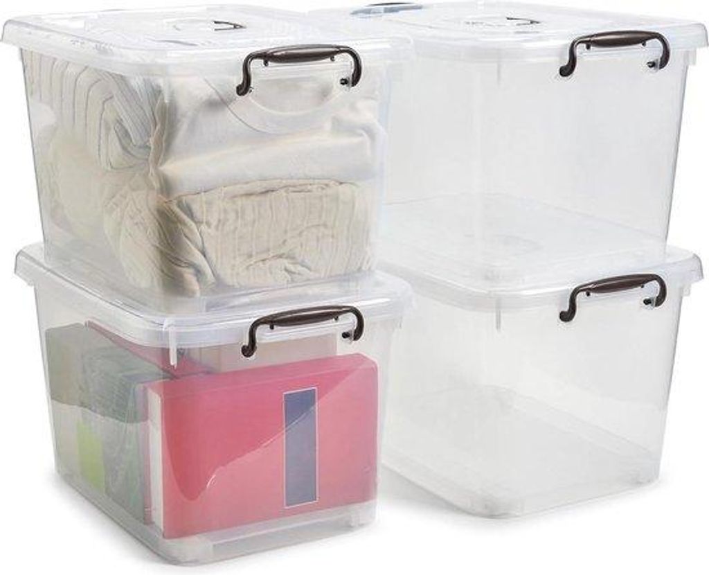 Durchsichtige Kunststoff-Transportkoffer-Set - Stapelbare Transportbehälter mit Griff und Rädern - Maße 20 x 14 x 11 Zoll - 4er-Set.