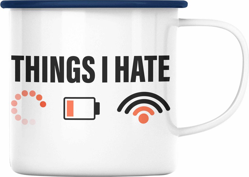 Trendation - Things I Hate Emaille Tasse Geschenk für Neffen Kleiner Bruder Sohn Enkel Gamer Geschenkideen Zocker (Blau)