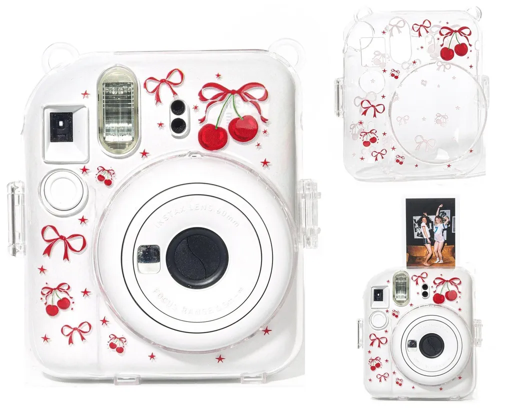 Étui Rigide pour Fujifilm Instax Mini 12 avec Sangle - Motif Cerises Rouges
