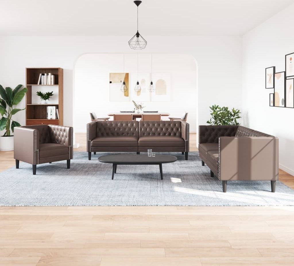 3-tlg. Chesterfield-Sofa-Set Braun Kunstleder