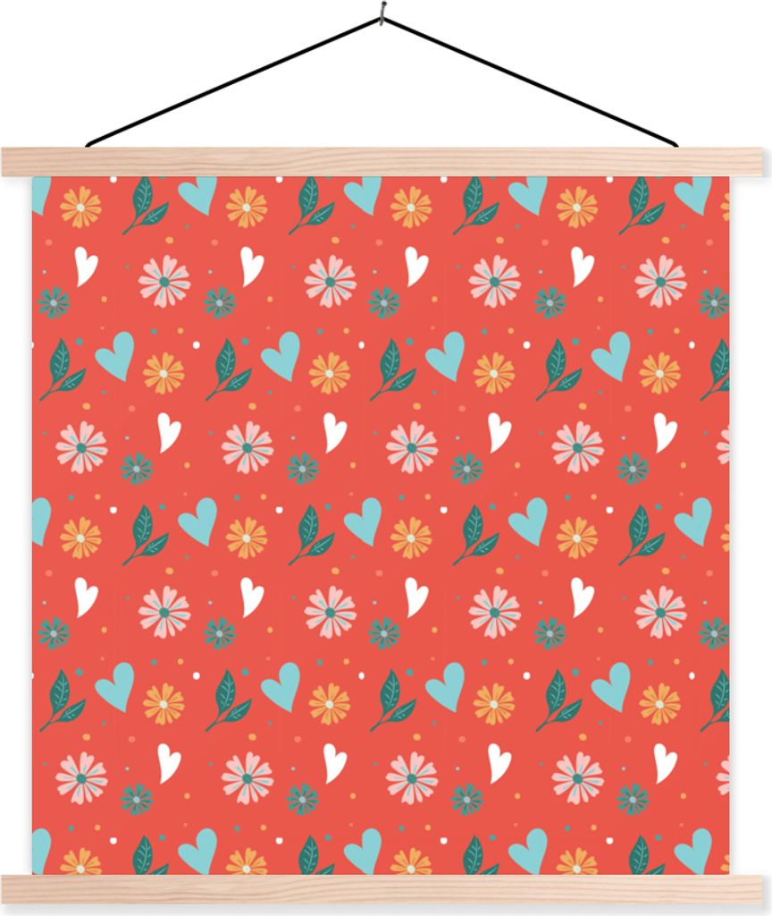 MuchoWow Textilposter Blumen - Herz - Design 60x60 cm mit holzfarbenen Rahmen - Wanddekoration