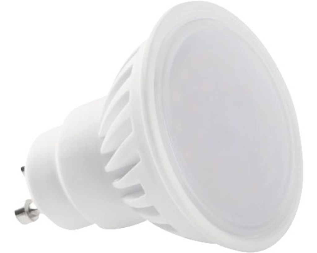 A white LED light bulb with a GU10 base is shown against a white background.