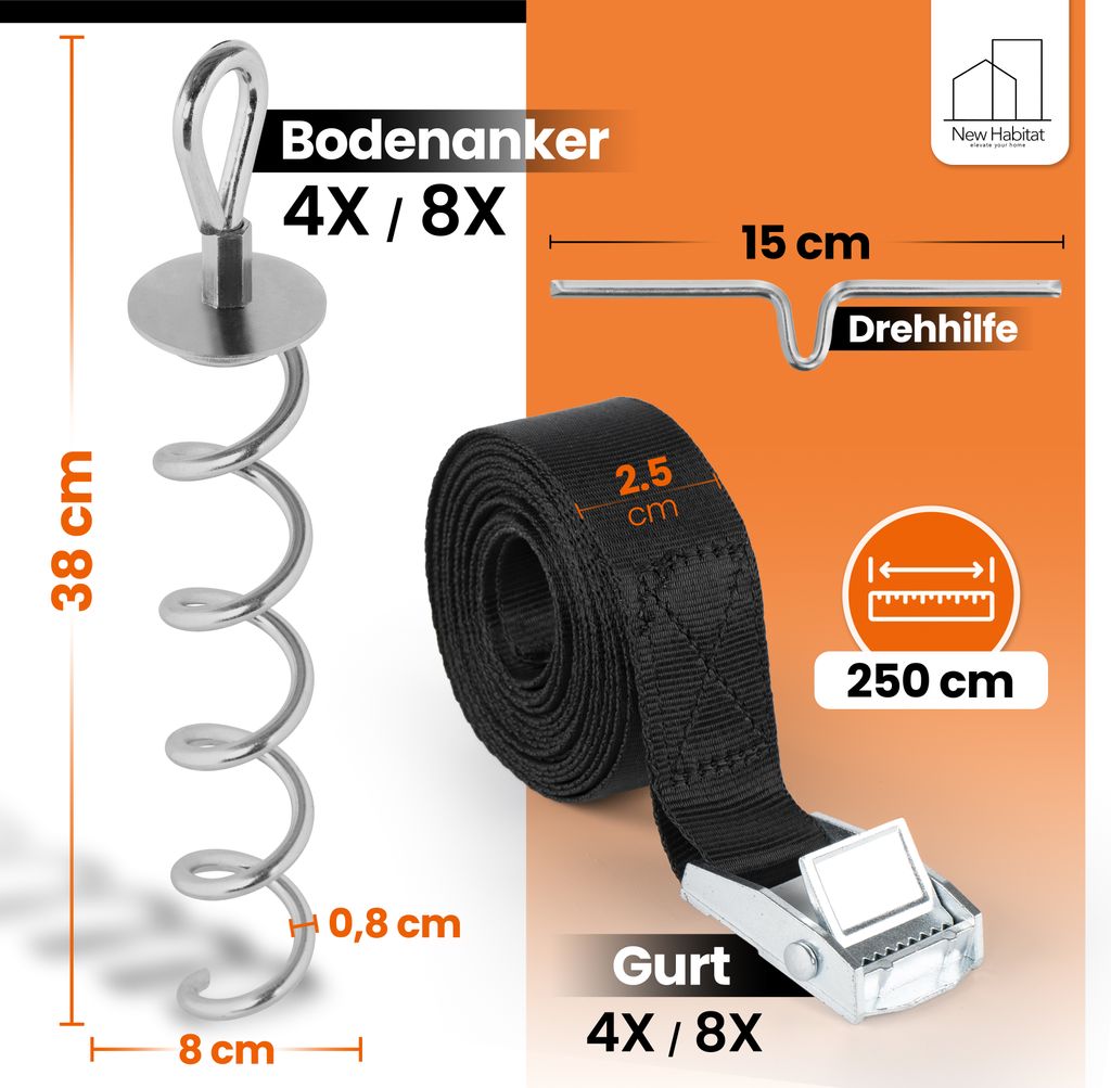 NewHabitat | 4x Erdanker Bodenanker Silber inkl. Gurte Produktbild 