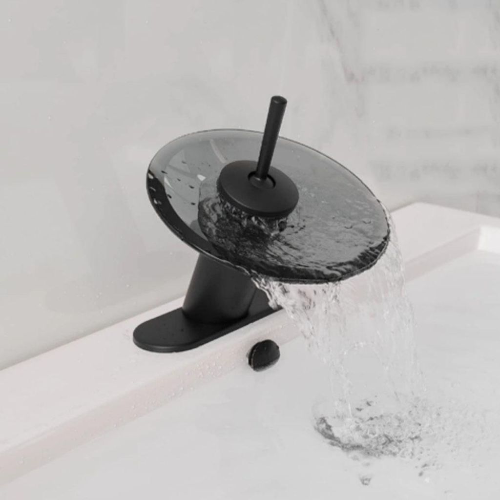 Modernes Wasserfall-Waschbeckenarmatur mit Glasplatte – Einhebelmischer für Warm- und Kaltwasser Schwarz Designer-Wasserhahn für Waschbecken ...