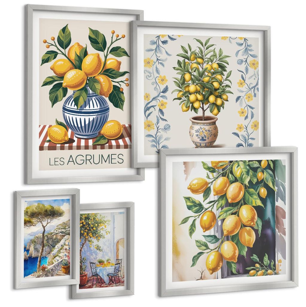Bilder Set 5-teilig im silbergerahmten Rahmen – Wandbilder 5 Stück – gerahmte Poster für Wohnzimmer, Schlafzimmer und Flur – 50x50 cm - 40x...
