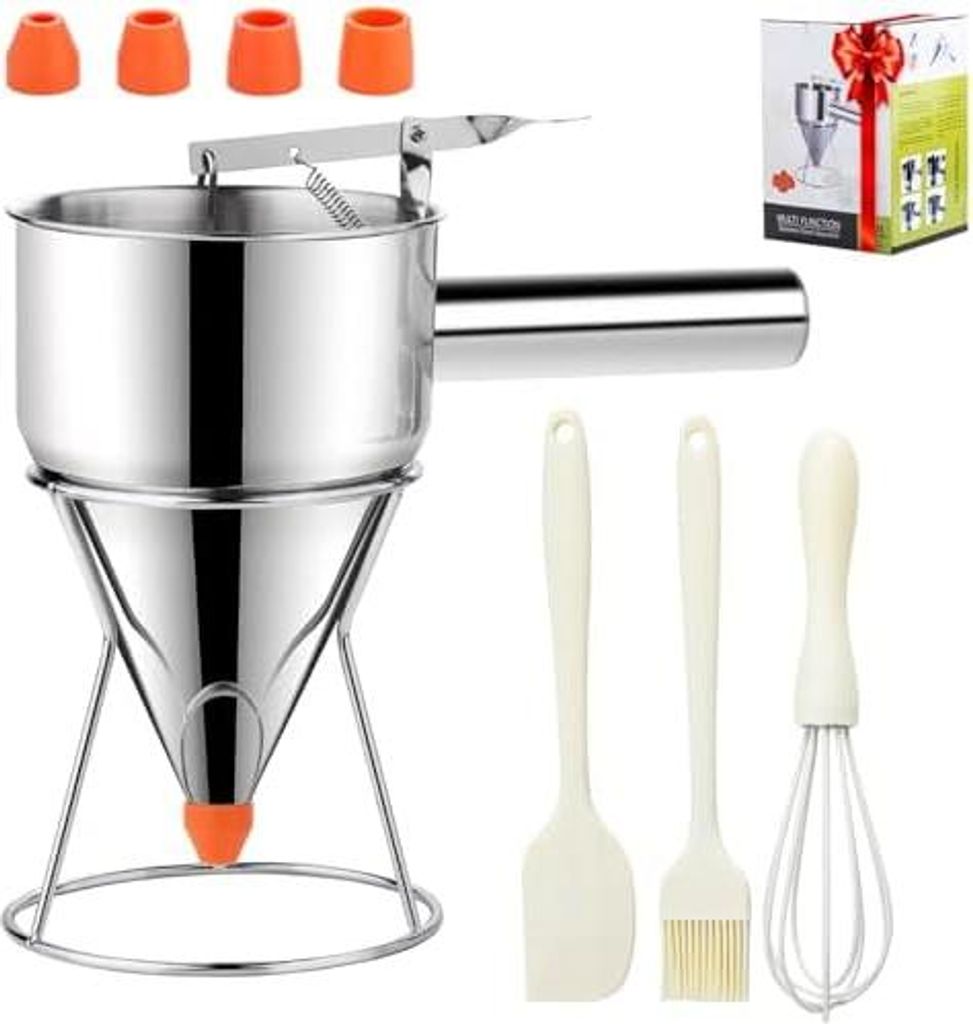 Pancake Dough Dispenser, Stainless Steel Funnel Cake Dispenser with 4 Silicone Nozzles, Perfect for Pancakes, Cupcakes and Funnel Cakes