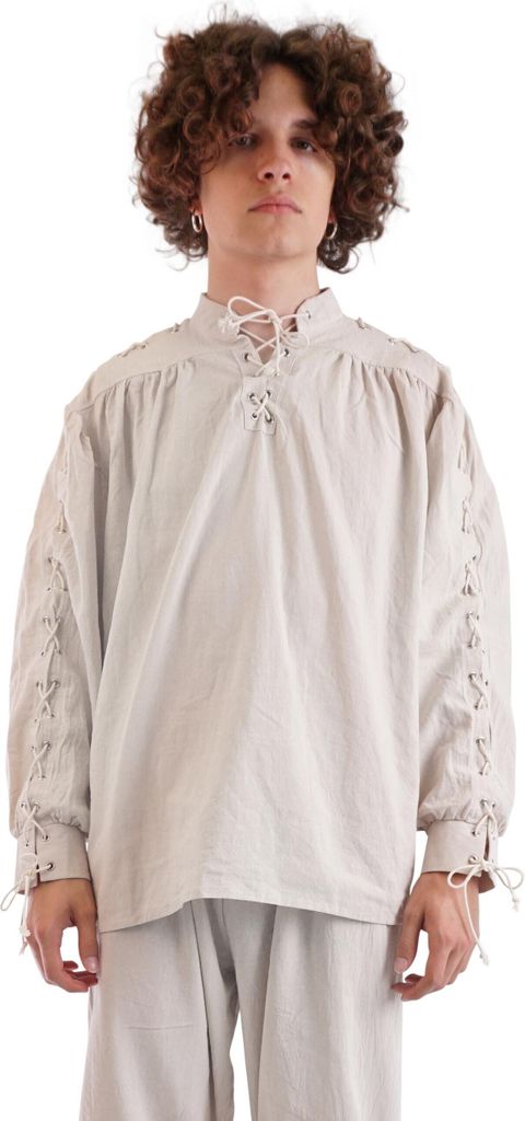 Mittelalter Hemd für LARP, Ritter oder Piraten Kostüm | Beige | Mit Stehkragen & Schnürung | Größe: XL