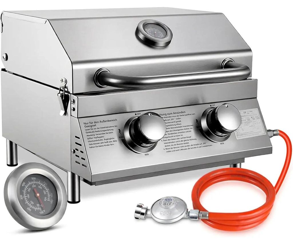 Tisch Gasgrill - 2-Brenner Campinggrill - Edelstahl 4,4 kW mit Piezozündung und Hochdruckschutz - Grillfläche 42x33 cm mit Deckel und Thermometer...