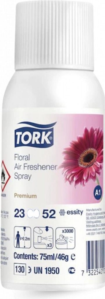 A white bottle of Tork Floral Air Freshener Spray with a pink gerbera daisy on the label.