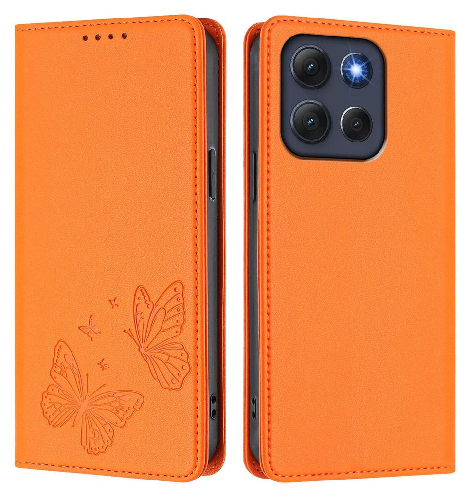 Lederhülle für Motorola Moto G86, Schmetterling Prägung Leder Brieftasche Schutzhülle mit Ständer Orange