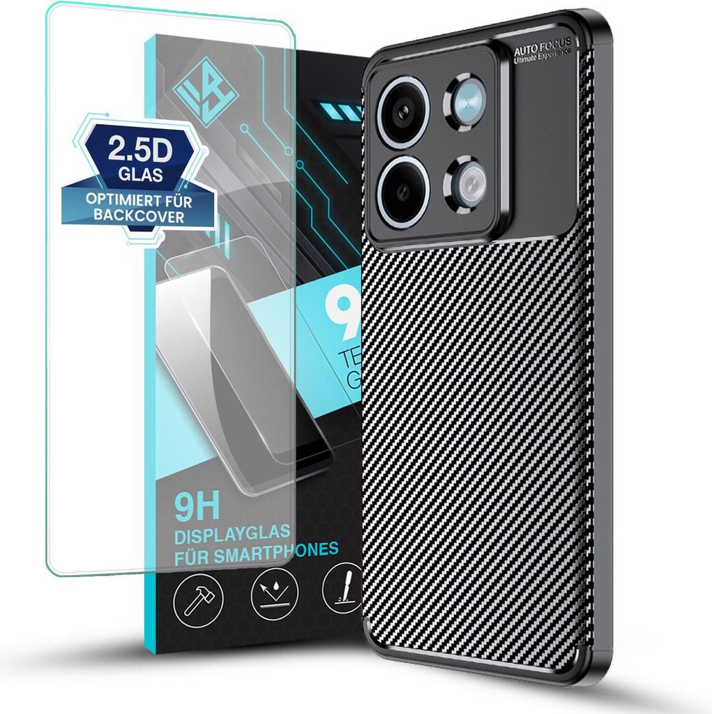 Handy Hülle für Xiaomi Redmi Note 13 5G mit 9H Displayglas Displayschutz Plus Carbon Look Cover Case Schutzhülle Farbe: Schwarz