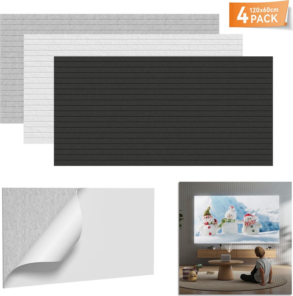 XINZI Längliche Akustikpaneele 120x60cm Weiß - Selbstklebend, Polyesterfaser, für Schallabsorption, geeignet für Studio/Büro/Schlafzimmer