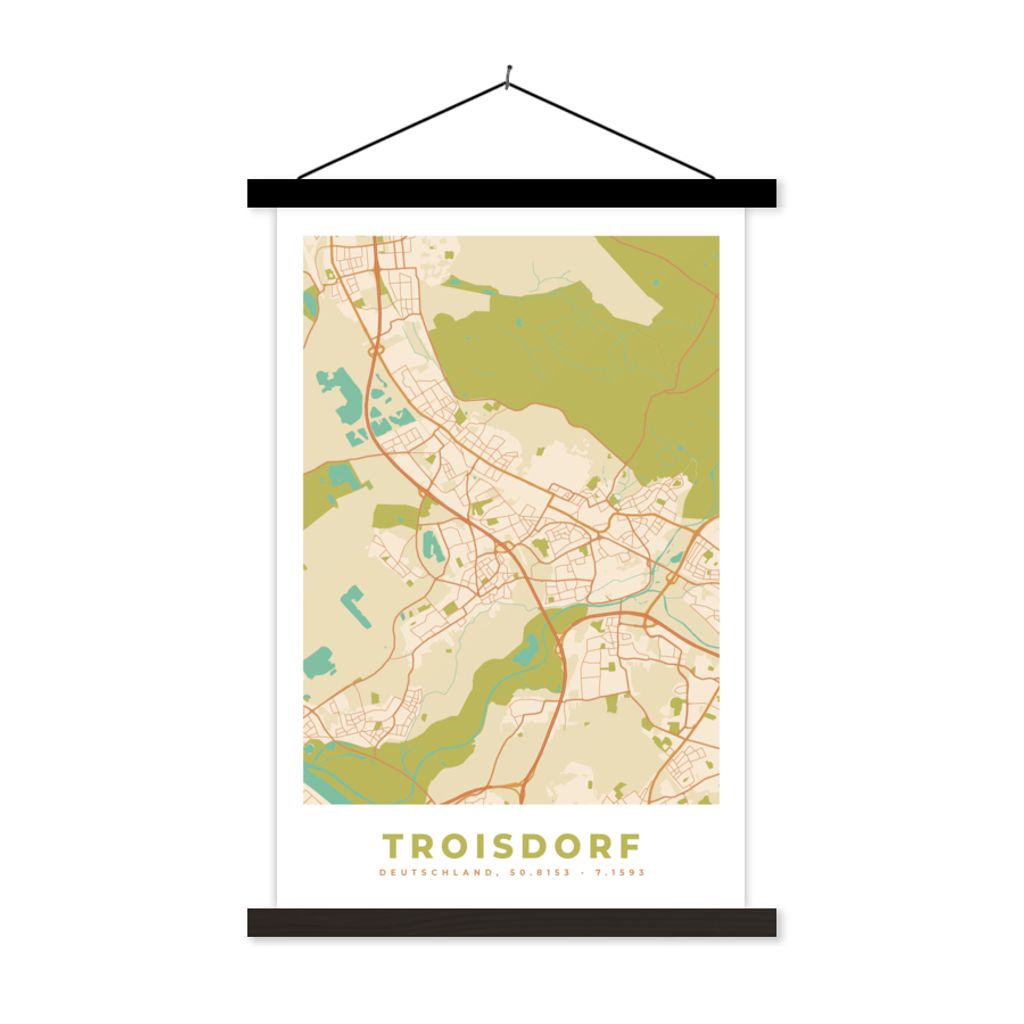 MuchoWow Textilposter Troisdorf - Karte - Vintage - Stadtplan 120x180 cm mit schwarzem Rahmen - Fotos