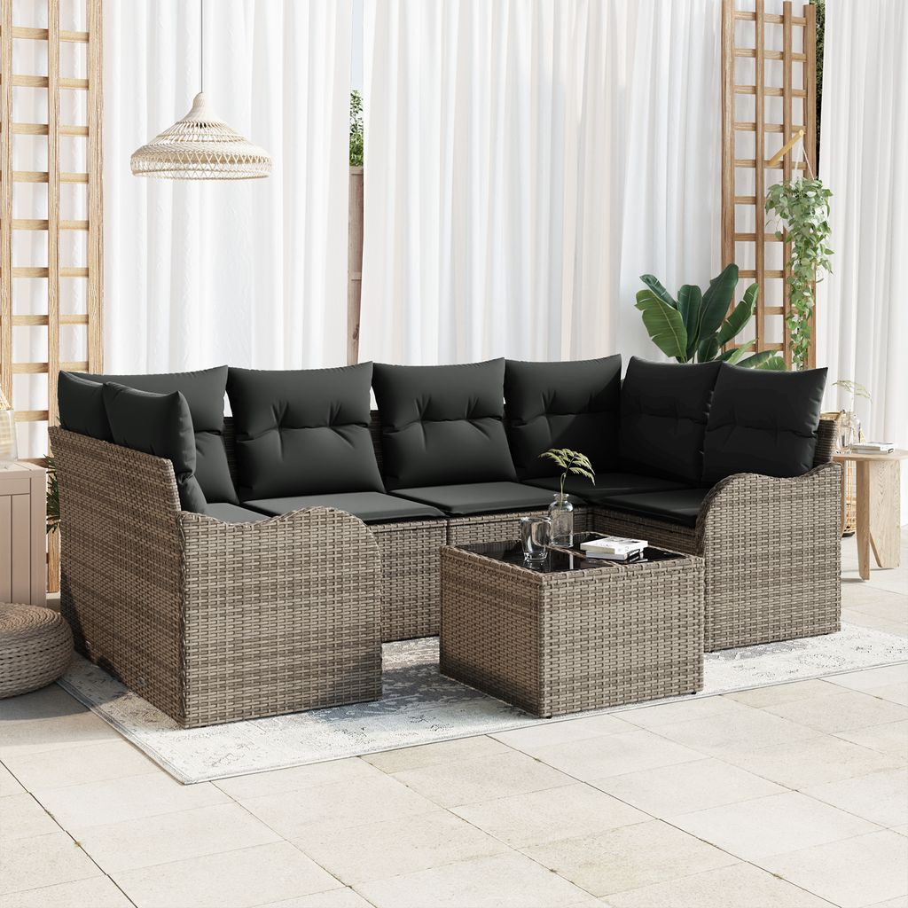 7-teiliges Garten Sofa Set mit Kissen Grau Poly Rattan, Gartensofas DesignMöbel Neu
