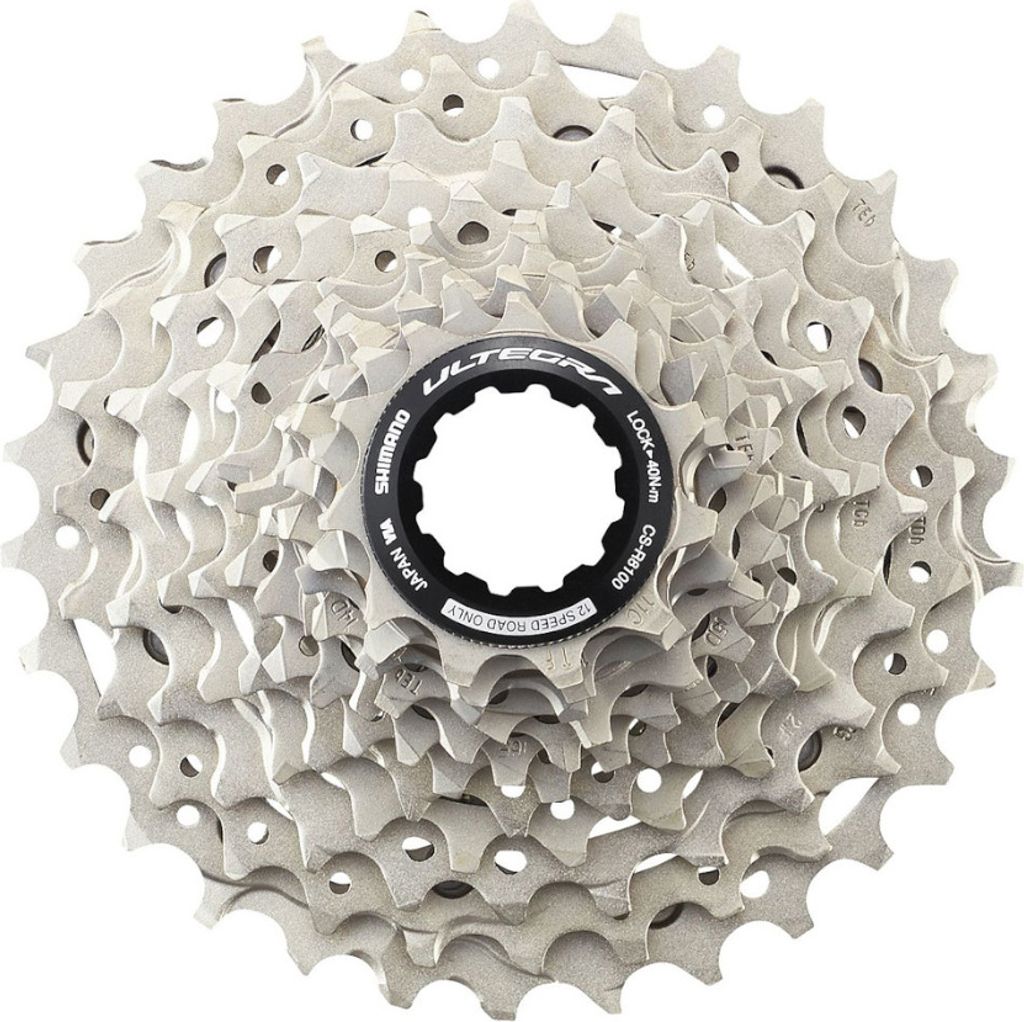 A close-up studio shot of a bicycle cassette.