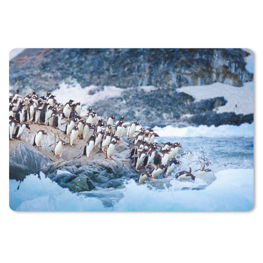 MuchoWow Schreibtischunterlage Eine Gruppe von Pinguinen taucht von einem Felsen ins Wasser 60x40 cm - XXL Mauspad - Großes Mauspad